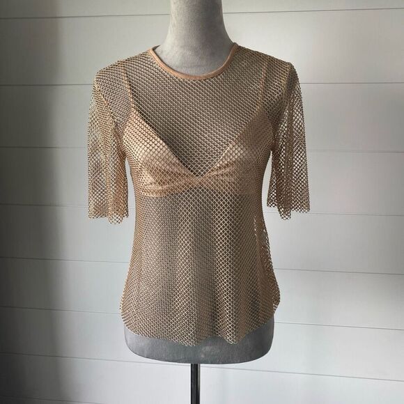 Torn By Ronny Kobo Samm Dusty Rose Rhinestone Mesh Top & Bra. Sz XS. NWT! - Picture 2 of 12